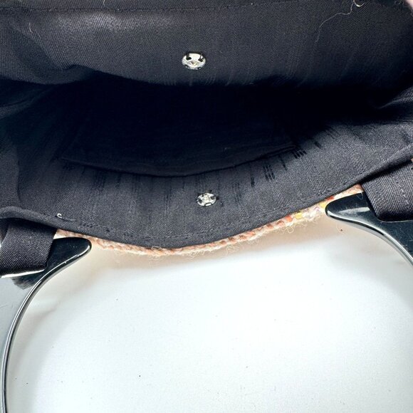 Handcrafted Vtg Inspired Woven Knit Purse Embroidered Floral Design Black Handle - Picture 7 of 9